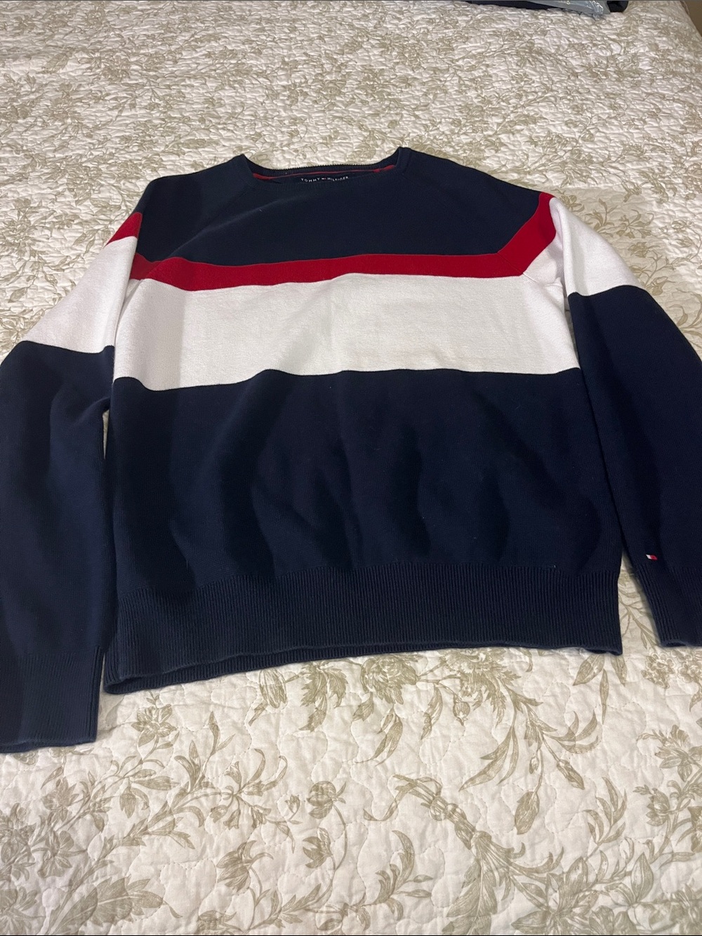 Tommy Hilfiger Navy, White & Red Stripe Crewneck Sweater